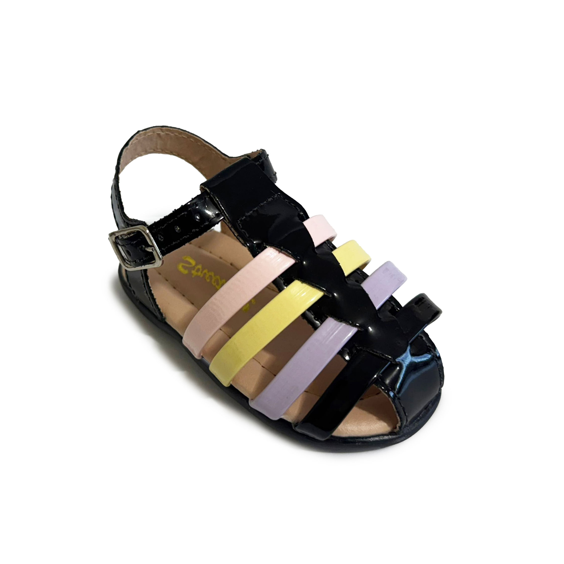 Sandália infantil preta Street Cal com tiras coloridas e fecho de fivela, vista frontal